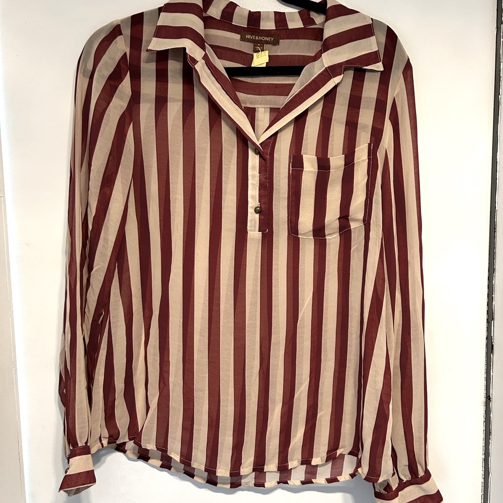 HIVE & HONEY- Sheer Striped Button Down Blouse